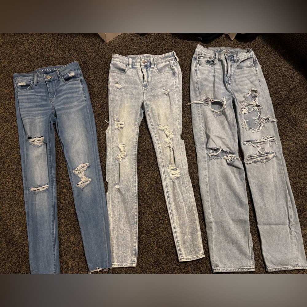American Eagle Outfitters High Rise Distressed Jeans - Blue and Light Wash